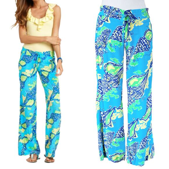 LILLY PULITZER Pippa Palazzo Beach Pant Sound the Horn Turquoise Seashell - Picture 1 of 9